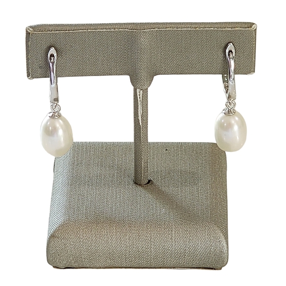 925S Sterling Silver White Cultured Freshwater Pearl Dangle Drop Earrings - Picture 11 of 12